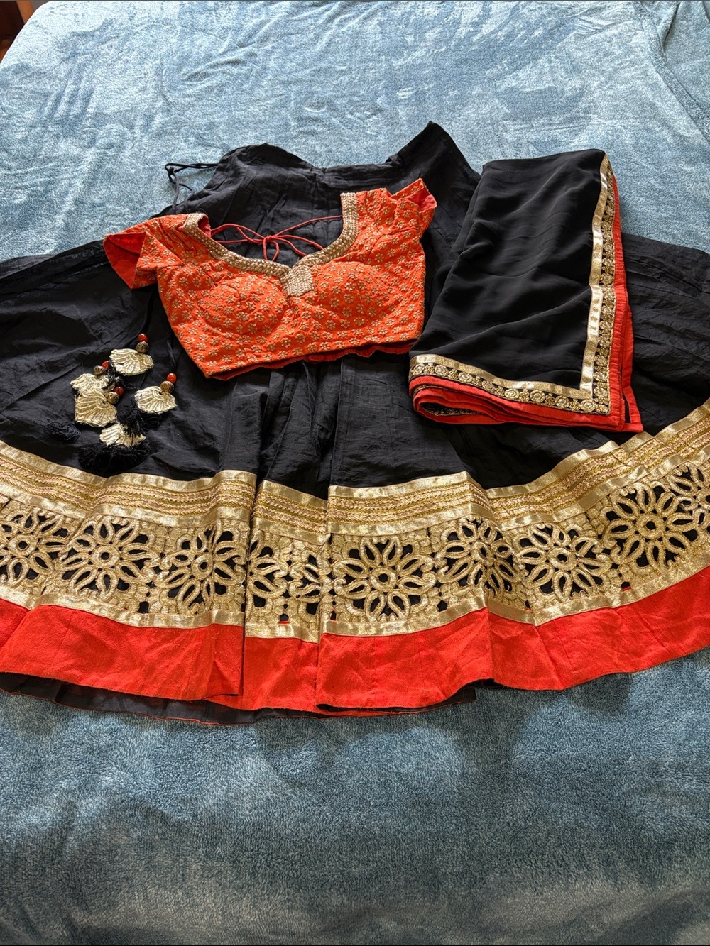 Black & Orange Embellished Lehenga Set with Gold Accents